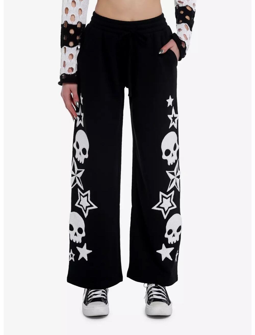 Social Collision Black Skull Star Patch Wide Leg Sweatpants XL Emo Goth Punk